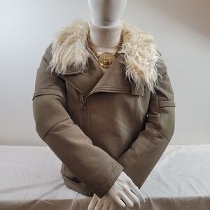 Helmut Lang Leather Jacket with Faux Fur Collar - Taupe
